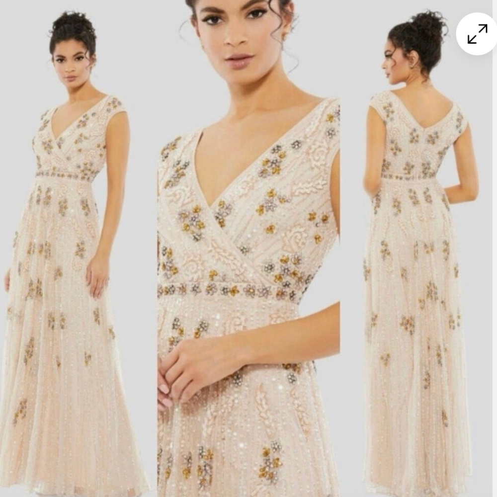 MAC DUGGAL 93575 EMBELLISHED FLORAL WRAP OVER CAP SLEEVE A-LINE BLUSH GOWN sz 10